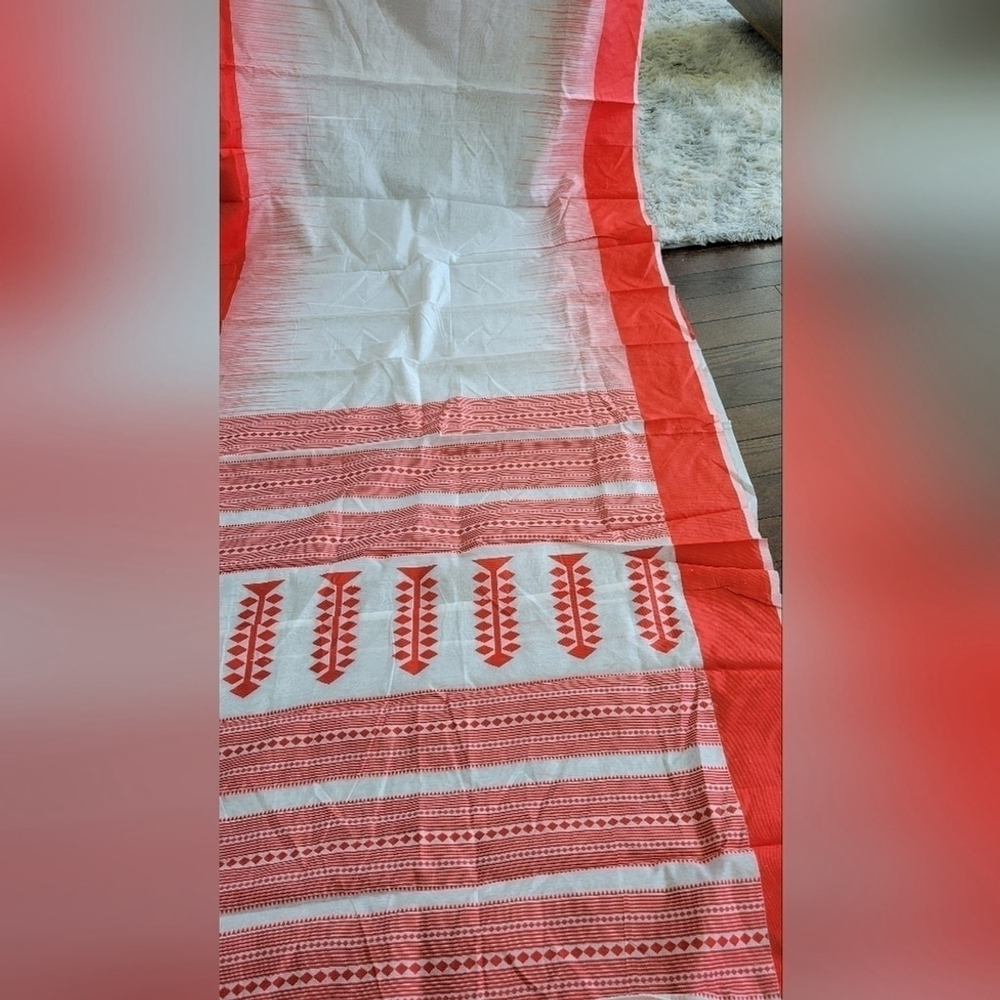 Soft Cotton Manipuri Saree White w/ Red Border + Stitched Red Blouse
